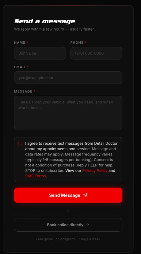 The Detail Doctor SMS consent checkbox as shown on the contact and booking forms — unchecked by default, with the full opt-in disclosure language.